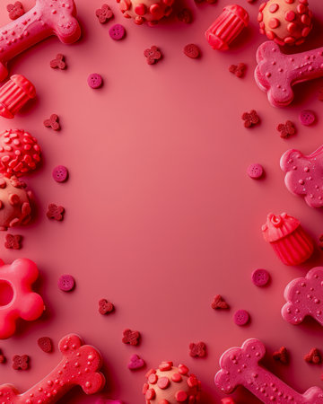 Vibrant Pink Background with Assorted 3D Rendered Candies, Biscuits, and Chocolates for Valentine&#39;s or Sweetest Day AI Generativeの素材