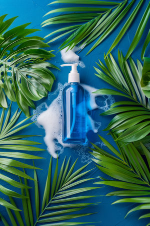 Top View of Blue Liquid Soap Dispenser Surrounded by Green Palm Leaves on Blue Background AI Generativeの素材