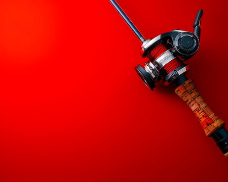Top Down View of Fishing Reel on Vibrant Red Background with Copy Space for Outdoor Equipment Ads AI Generativeの素材