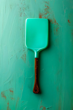 Mint Green Spatula on Teal Textured Background Kitchen Utensil Top View AI Generativeの素材