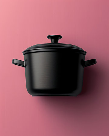 Modern Black Cooking Pot with Lid on Pink Background, Minimalistic Kitchenware Concept AI Generativeの素材