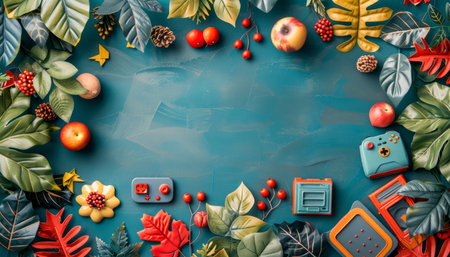 Autumn themed Flat Lay with Colorful Leaves, Apples, Pine Cones, and Vintage Electronics on a Teal Background, Ideal for Seasonal and Retro Concepts in Stock Photography AI Generativeの素材