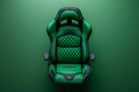 Luxurious Green Gaming Chair with Quilted Padding and Ergonomic Design, Isolated Against Matching Green Background, Perfect for Home Office or Gaming Setup, Stylish Comfort for Long Gaming Sessions AI Generativeの素材