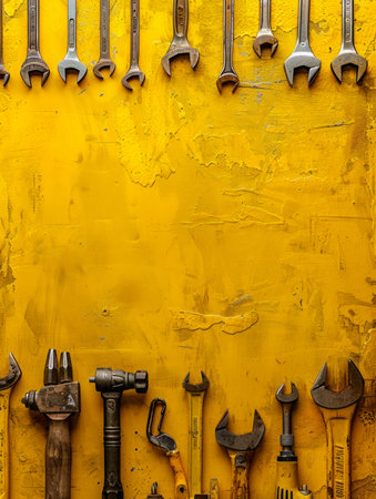 A Variety of Diverse Hand Tools Hanging on a Vibrant Yellow Wall Background in a Workshop or Garage Setting with Textured Backdrop AI Generativeの素材