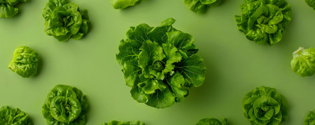 Fresh Green Organic Lettuce Leaves Pattern on Green Background Healthy Vegan Food and Diet Concept with Multiple Lettuce Heads in Creative Arrangement AI Generativeの素材
