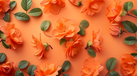 Fresh Orange Rose Flowers and Green Leaves on Orange Background, Flat Lay Floral Arrangement, Vibrant Blooming Roses, Colorful Nature Concept, Creative Flower Pattern, Ornamental Design AI Generativeの素材