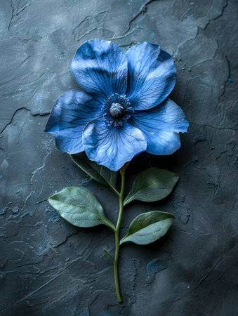 Vibrant Blue Flower on Textured Dark Background, Detailed Petals and Green Leaves, Artistic Floral Photography, Nature Botanical Close Up, Perfect for Backgrounds, Decor, and Card Design AI Generativeの素材