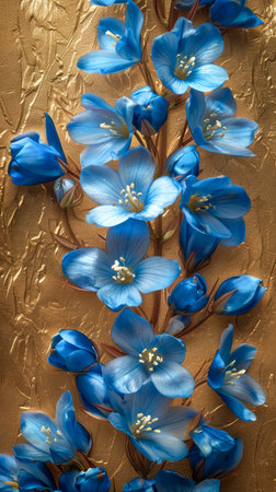 Stunning close up of vibrant blue flowers on textured golden background, showcasing nature's elegance and the beauty of floral contrasts in exquisite detail, perfect for artistic and decorative design AI Generativeの素材