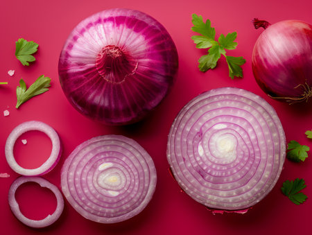 Fresh Red Onions Whole and Sliced with Parsley on a Vibrant Pink Background High Quality Food Photography for Culinary and Healthy Eating Concepts AI Generativeの素材