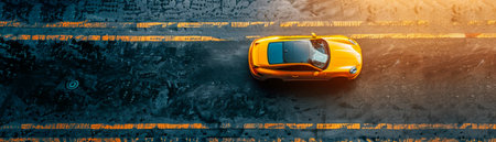 Aerial View of a Vibrant Yellow Car on an Asphalt Road with Sunlight Shining Perfect for Automotive, Travel and Adventure Themes in Stock Photography AI Generativeの素材