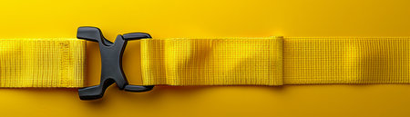 Close Up of Yellow Nylon Strap with Black Plastic Buckle on Vibrant Yellow Background High Resolution Stock Image for Product Design, Outdoor Gear, or Industrial Equipment AI Generativeの素材