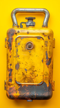 Vintage Rusty Metal Gasoline Canister on Yellow Background Industrial and Retro Styled Container with Texture and Patina High Resolution Close Up for Design, Art, and Historical Themes AI Generativeの素材