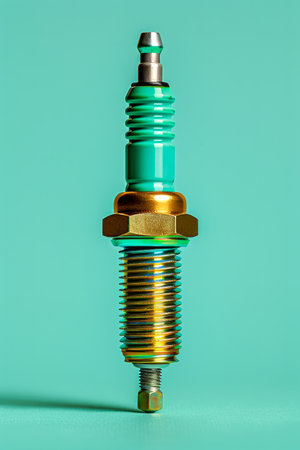 High Quality Automotive Spark Plug on Turquoise Background Close Up of Engine Ignition Part with Detailed Metallic Texture for Mechanic, Engineering, and Industrial Themes AI Generativeの素材