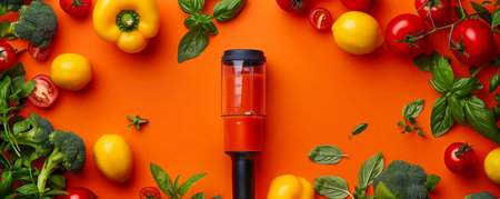 Fresh Assorted Vegetables and Herbs Surrounding a Blender on Vivid Orange Background Healthy Eating Concept AI Generativeの素材