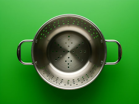 Top View of Stainless Steel Colander on Vibrant Green Background Kitchen Utensils Concept AI Generativeの素材