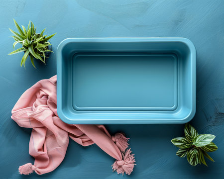 Elegant Ceramic Dish on Blue Background with Decorative Plants and Pink Cloth AI Generativeの素材