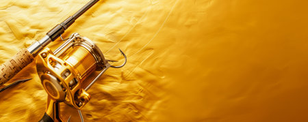 Golden Water Reflections with Fishing Rod Reel and Hook, Outdoor Leisure Activity Concept AI Generativeの素材