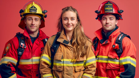 Professional Firefighter Team in Full Gear Posing Confidently with Smiling Female Firefighter in the Center on a Red Background AI Generativeの素材