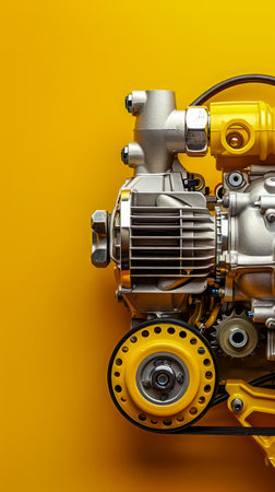 Close up View of a Detailed Machine Engine on a Vibrant Yellow Background with Copy Space on Side AI Generativeの素材