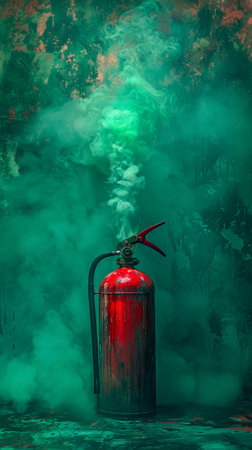Red Fire Extinguisher Emitting Green Smoke Against an Abstract Artistic Background AI Generativeの素材