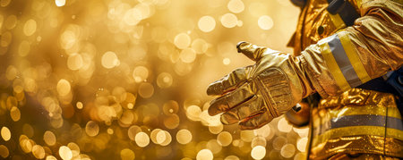 Close up of Firefighter&#39;s Hands in Protective Gloves Against Sparkling Fire Backdrop Heroic Firefighting, Safety and Emergency Response Concept AI Generativeの素材