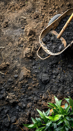 Top view of gardening tools on wet fertile soil with space for planting, concept of agriculture and horticulture AI Generativeの素材