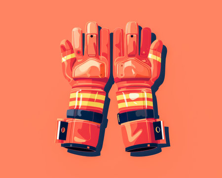 High Quality Orange Firefighter Gloves on a Solid Salmon Background Protective Gear Concept AI Generativeの素材