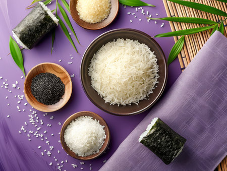 A Variety of Rice in Bowls on a Purple Cloth White Rice, Black Rice, Sushi Rolls, and Bamboolike Decoration AI Generativeの素材