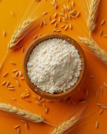 Bowl of Fresh Flour with Wheat Spikes on Vibrant Orange Background Natural Ingredients for Baking and Cooking Close Up Food Photography High Quality Culinary Stock Image AI Generativeの素材
