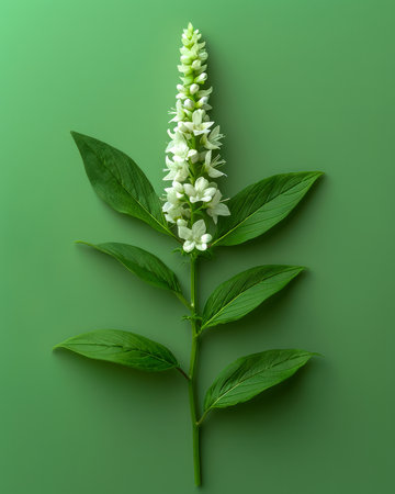 Close up of a Single White Flower with Green Leaves Against a Plain Green Background Minimalist Botanical Nature Photography for Stock Image Use, Perfect for Natural and Eco friendly Concepts AI Generativeの素材