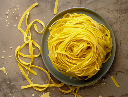 Delicious Homemade Fettuccine Pasta on Plate with Fresh Ingredients and Rustic Background Vibrant Italian Cuisine Traditional Handcrafted Noodles Authentic Culinary Experience AI Generativeの素材
