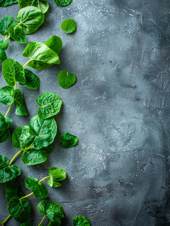 Fresh Green Spinach Leaves on a Dark Textured Background Healthy Organic Food, Vegetable Ingredients, and Nutrition Concept Image for Culinary and Dietary Applications AI Generativeの素材
