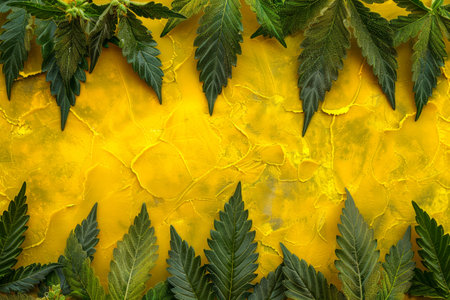 Vibrant Yellow Background with Green Leaves Nature and Plant Themed Abstract Art for Home Decor and Botanical Enthusiasts AI Generativeの素材