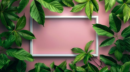 Elegant Greenery Frame on Pink Background for Modern Home Decor or Nature Themed Designs Perfect for Art Prints, Posters, Invitations, and More AI Generativeの素材
