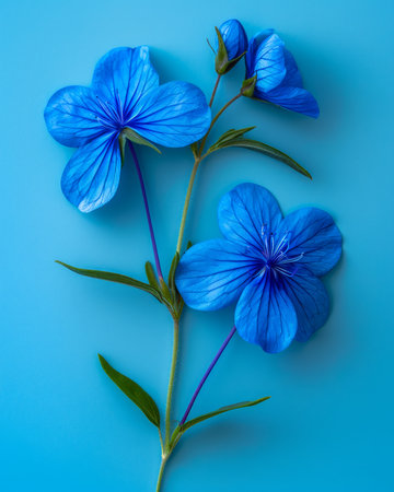 Beautiful Blue Flowers on a Blue Background Nature, Floral Pattern, Elegant Blue Flowers, Minimalistic Decorative Flower Art, Serene and Tranquil, Perfect for Wallpapers, Invitations, and Decor AI Generativeの素材