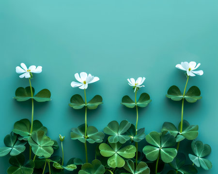 Elegant White Flowers with Lush Green Leaves Against a Pastel Teal Background Nature s Minimalistic Artistry Captured in a Charming, Calm, and Serene Floral Design Perfect for Tranquil Spaces AI Generativeの素材