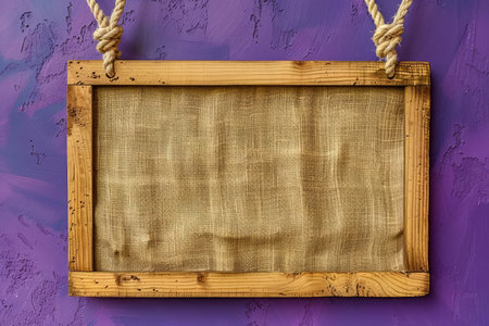 Rustic Wooden Frame on Purple Textured Wall with Burlap Fabric Inside, Rope Hangers, Perfect for Cozy Home Decor, Vintage Vibes, Antique Style, Eco Friendly, Artisan Craftsmanship, Rustic Interiors AI Generativeの素材