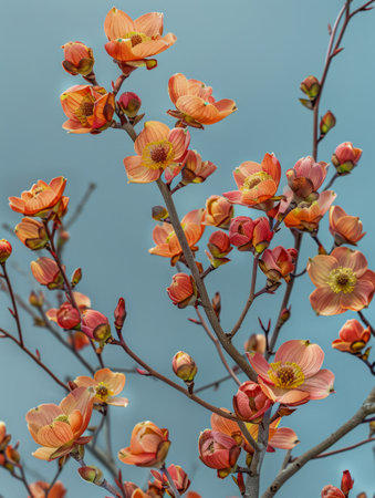 Stunning Close Up of Peach Blossoms Against Blue Sky A Beautiful Sign of Spring's Arrival Capturing Nature's Elegance and Warmth in Vibrant Orange and Pink Hues with Delicate Petals and Buds AI Generativeの素材