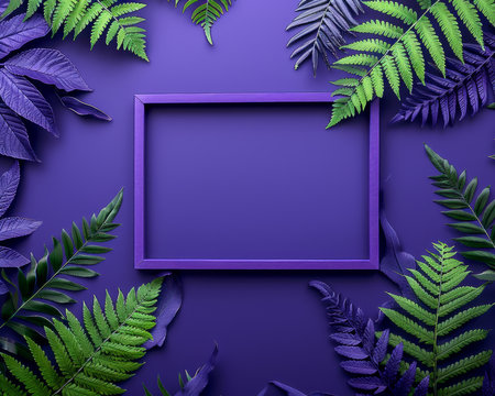 Vibrant Purple Frame with Lush Green Fern Leaves on a Bright Violet Background Perfect for Nature Themed Designs and Art Projects AI Generativeの素材