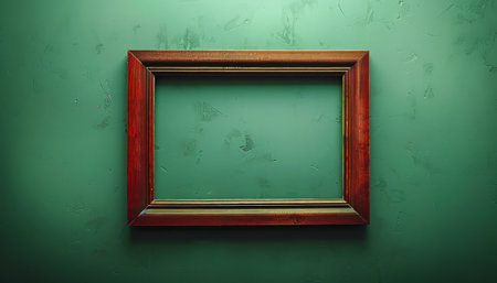Elegant Vintage Wooden Picture Frame on Distressed Green Wall, Empty Frame with Rustic Charm, Perfect for Artwork, Photography, Home Decor, Gallery Display, Creative Background AI Generativeの素材