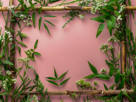 Floral Frame with Green Leaves and White Flowers on Pink Background Botanical Nature Arrangement with Bamboo Stems in Minimalist Style Elegant Natural Frame for Eco friendly Design Concepts AI Generativeの素材