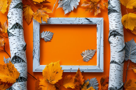 Autumn Frame With Birch Bark and Leaves Orange Background with White Frame Surrounded by Fall Foliage AI Generativeの素材