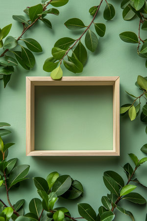 Wooden Frame on Green Background with Leafy Branches Nature Inspired Minimalist Design for Home Decor or Creative Photography AI Generativeの素材