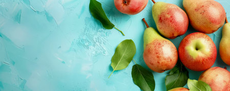 Fresh and Juicy Apples and Pears on Light Blue Background with Green Leaves for a Vibrant Healthy Snack Display AI Generativeの素材