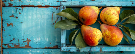 Fresh Ripe Pears on Rustic Blue Wooden Background Autumn Harvest Fruits in Wooden Tray for Healthy Eating and Cooking Concepts AI Generativeの素材