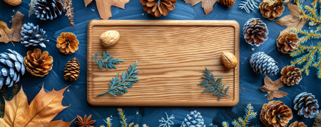 Rustic Wooden Cutting Board Surrounded by Autumn Pine Cones, Leaves, and Blue Foliage on Dark Blue Surface AI Generativeの素材