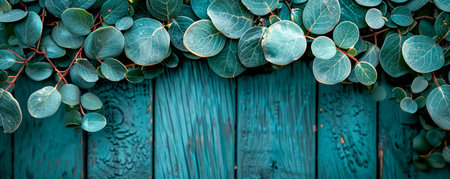 Stunning Botanical Background Lush Green Leaves on Rustic Blue Wooden Plank Wall for Nature Themes, Eco Design, and Organic Vibes AI Generativeの素材