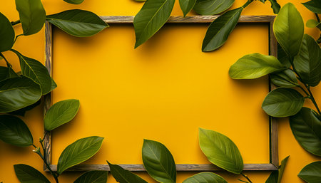Elegant Wooden Frame Surrounded by Green Leafy Branches on a Vibrant Yellow Background Nature Inspired Vintage Decoration AI Generativeの素材
