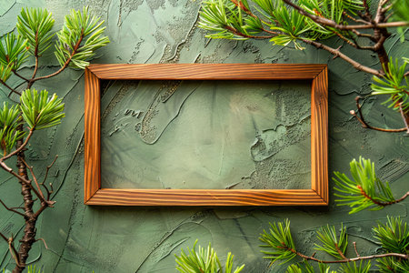 Rustic Wooden Frame on Moss Green Textured Background with Pine Branches Natural and Organic Design Elements for Art and Photography AI Generativeの素材