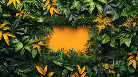 Vibrant Green and Yellow Tropical Leaves Creating a Natural Border with an Orange Center Perfect Nature Background for Eco Friendly, Organic, Botanical, or Environment Themed Projects AI Generativeの素材